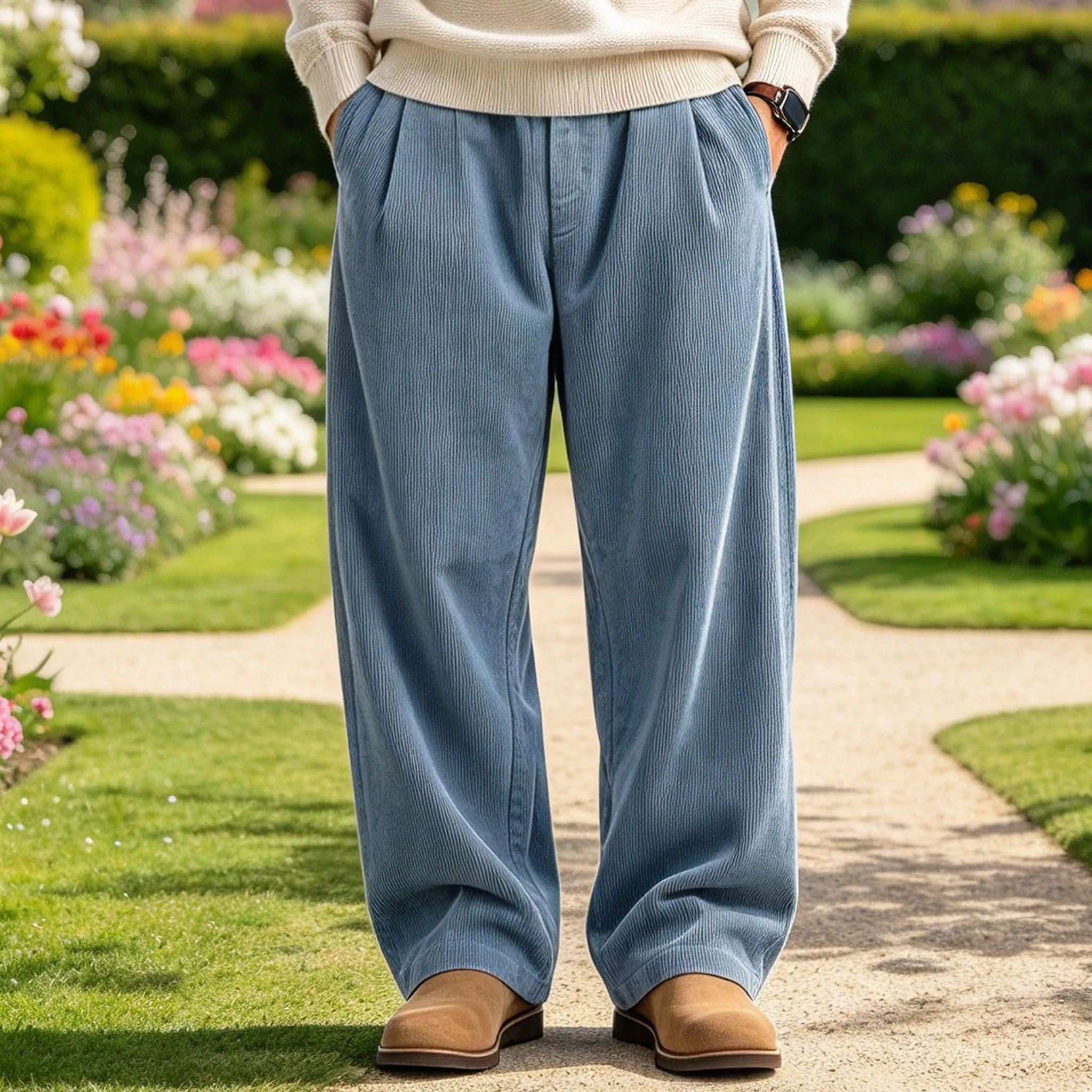 Vintage Men's Corduroy Oversized Pants Straight Leg Elastic  High Waist Loose Fit Casual Fashion Wide Trousers Streetwear Autumn