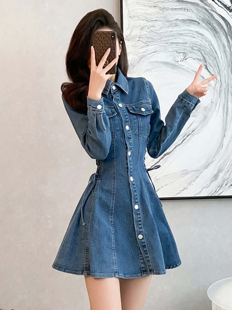 Korean A-line Mini Denim Dress  Women\'s Clothing Autumn New Style  High Waist Belt Polo Neck A-line Dresses Bandage Waist Design