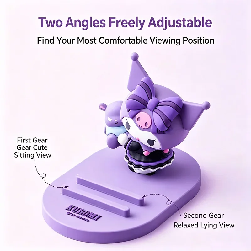 Kawaii Kuromi Cute Figure Phone Holder Two Angles Adjustable Desktop Cell Phone Stand Non Slip Base Smartphone Bracket