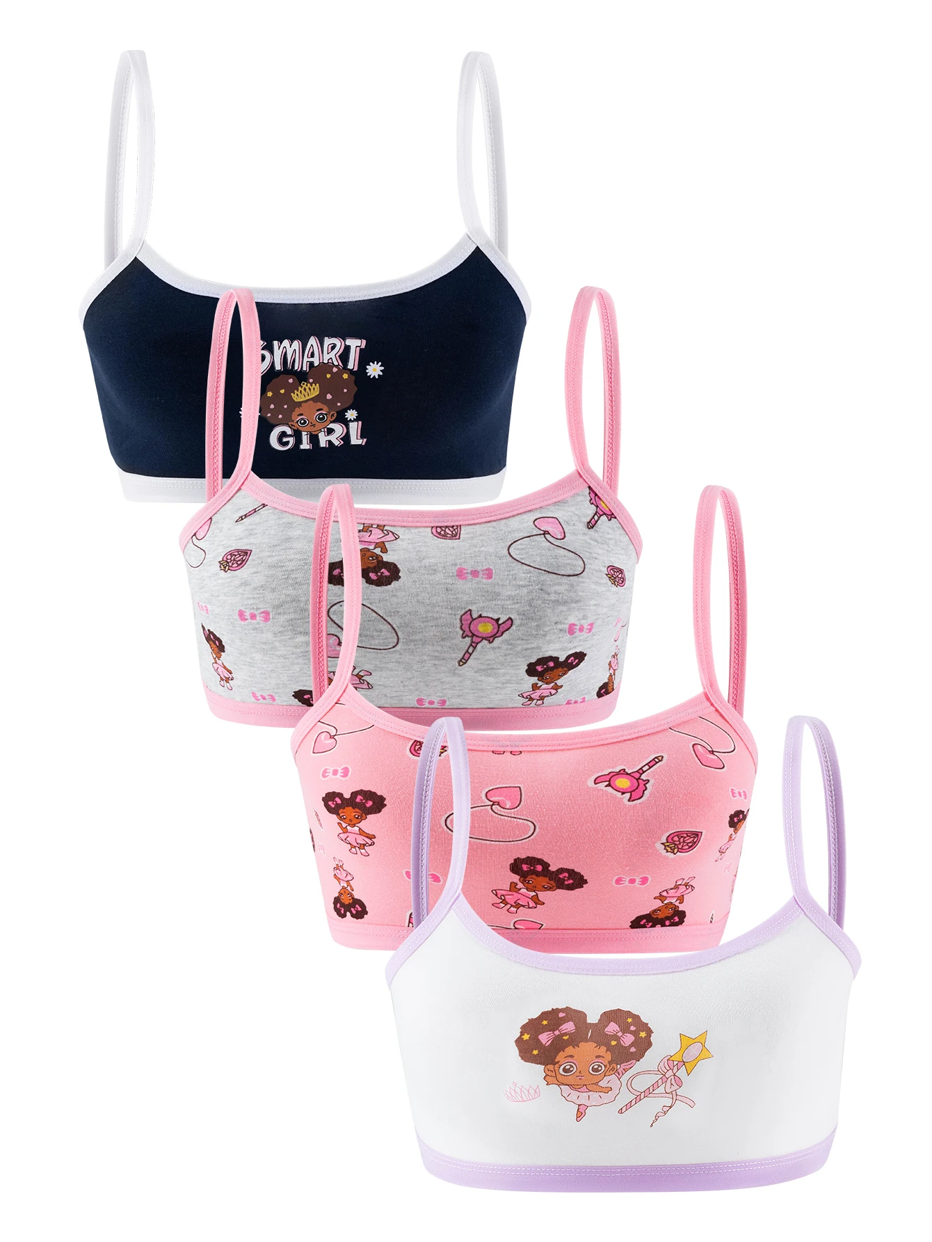 4 pcs  girls' training bras, girls' underwear, small vests, comfortable, simple and fashionable, cartoon print color-blo