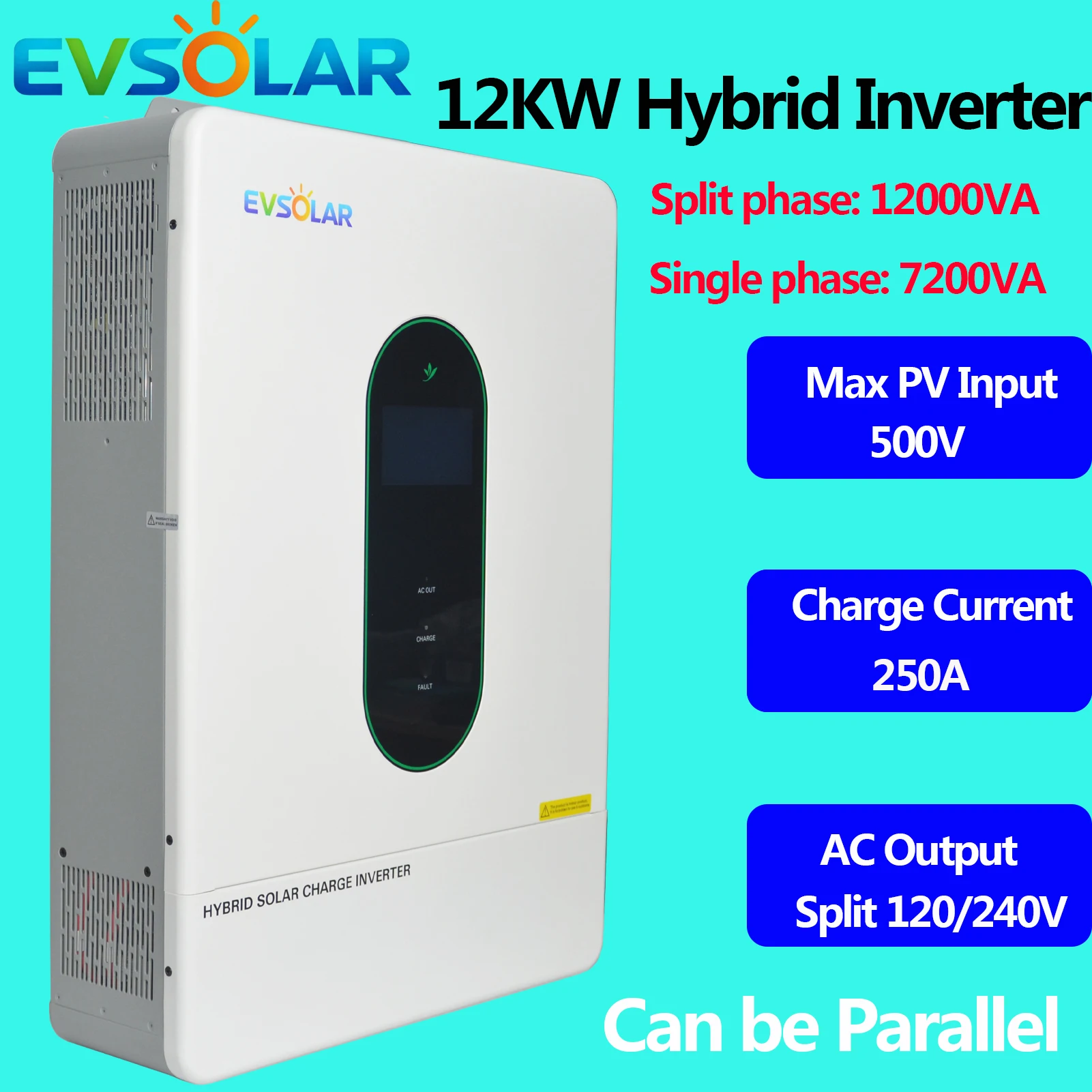 12000W Hybrid Inverter AC Output 120V Max PV Input 500V Can Be Parallel Split phase 12000VA Single phase 7200VA