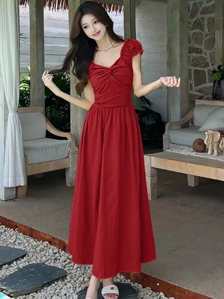

Summer Red Puff Sleeve Square Collar Casual Dress Women Elegant Casual Holiday Long Dress 2025 Korean Pleaated Bodycon Vestidos