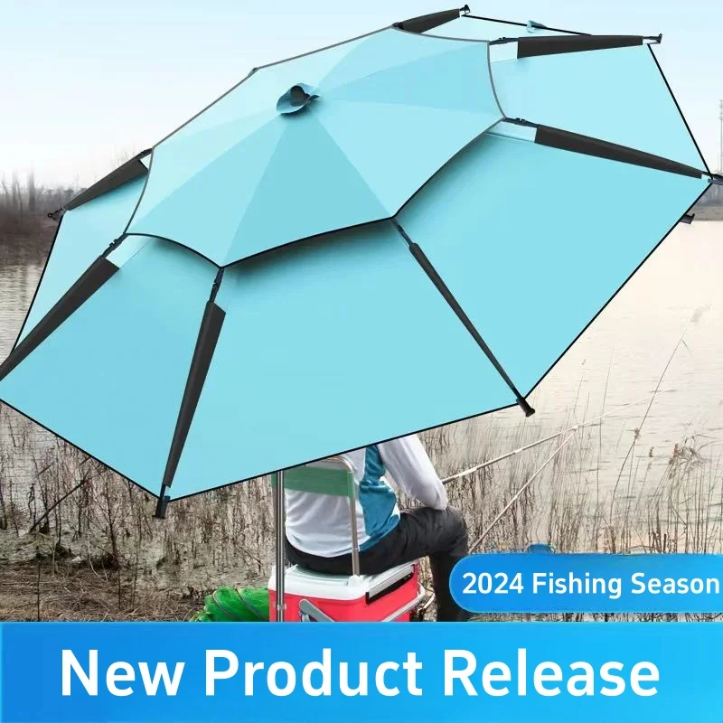 1-2 Person Fishing Umbrella Double Vinyl Coated Parasol Windproof Waterproof Outdoor Bracket Umbrella Belt Ground Plug