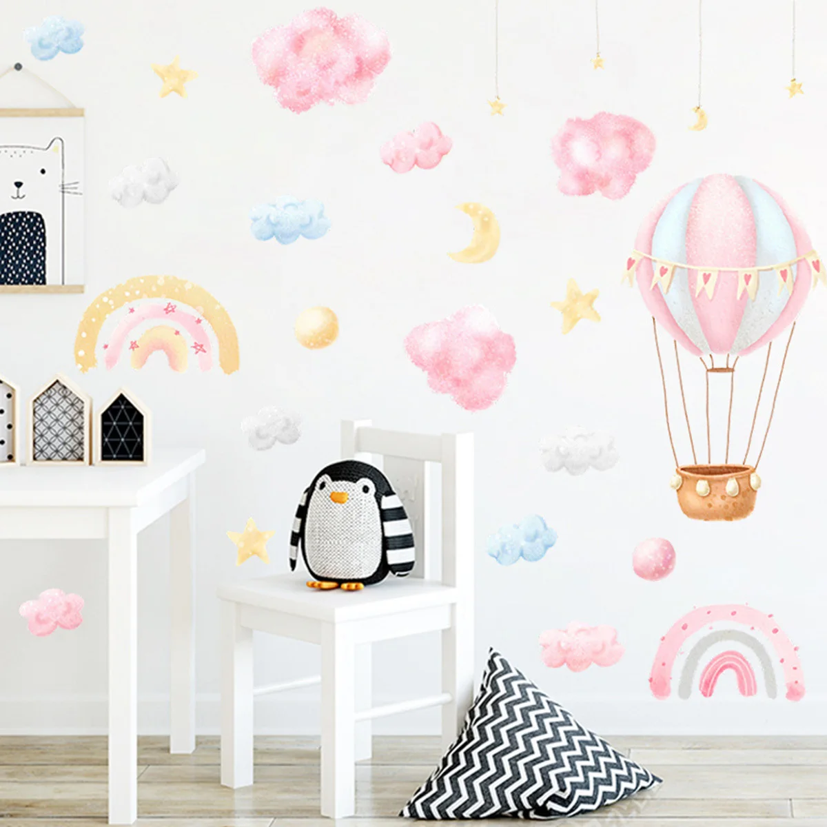 Cartoon Rainbow Cloud Hot Air Balloon Wall Sticker Bedroom Classroom Wall Beautification Decoration Waterproof Sticker