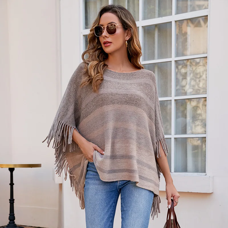 Pullovers Women Sweater 2025 Casual New Autumn O-neck Tassel Shawl color-blocking Striped Cape Sweater Coat women's Clothing