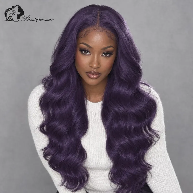 Deep Purple Body Wave Wig Long Cuticle Everyday Middle Part Soft Fluffy For Lady Natural Hairline Shiny Sleek Cosplay Smooth