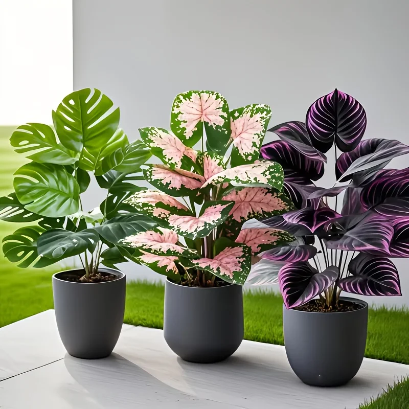 3Pcs Mixed Artificial Plant Set Large Pink Monstera Faux Palm Tree Potted Tropical Plants Plastic Leaves All Season Home Decor view 5