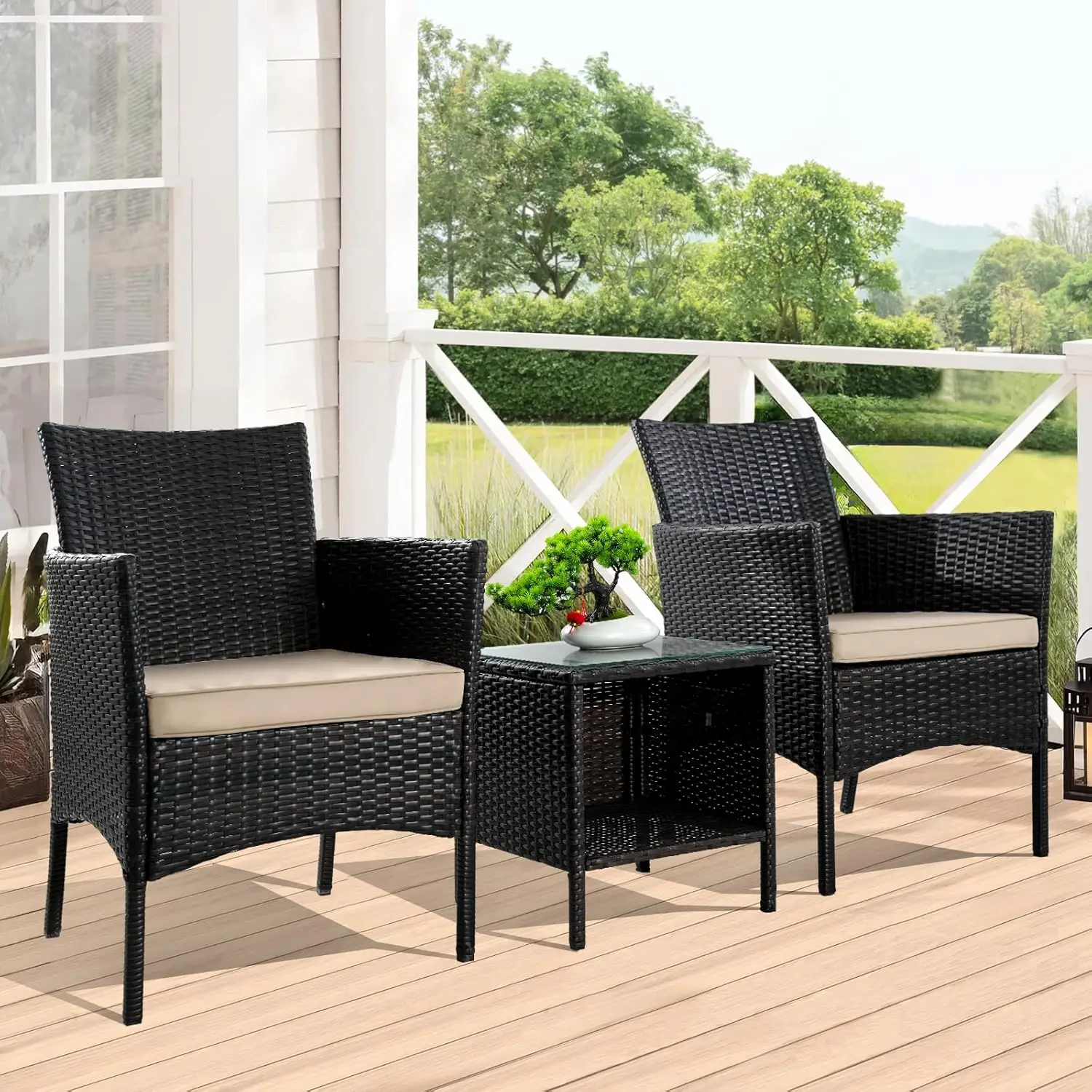 

Patio Furniture Set,PE Rattan Wicker Chairs Bistro Conversation Set with Cushion and Glass Coffee Table for Porch Lawn Garden