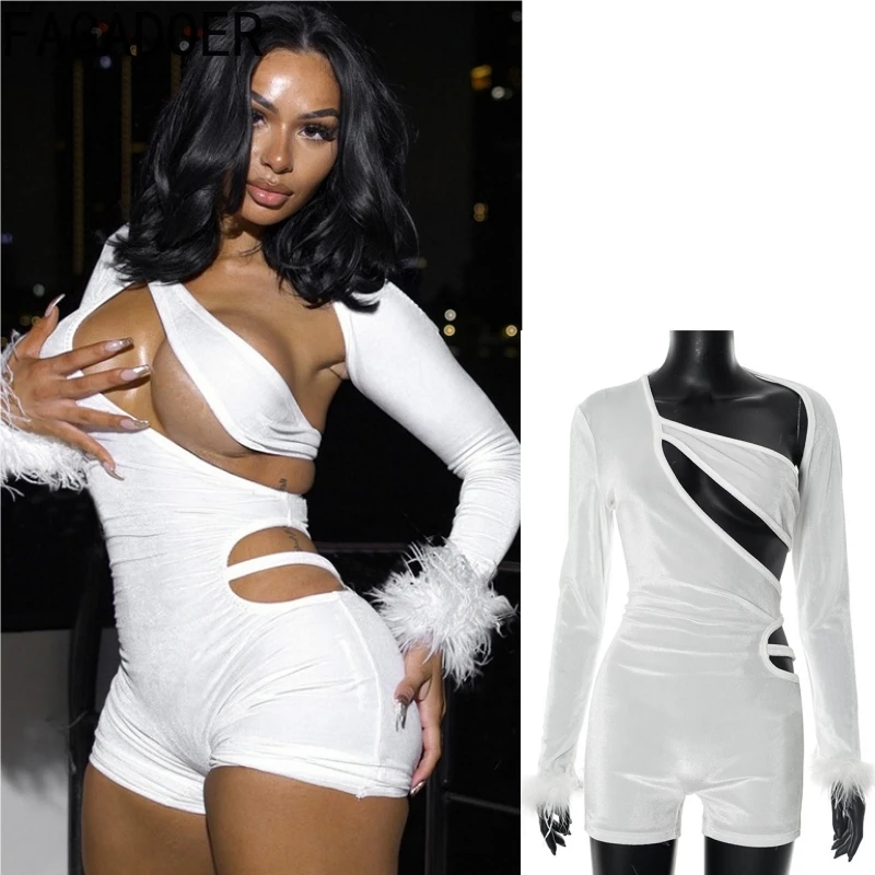 

FAGADOER Sexy Irregular Fur Patchwork Bodycon Rompers Women Solid Hollow Out Long Sleeves Jumpsuits Female Streetwear Overalls