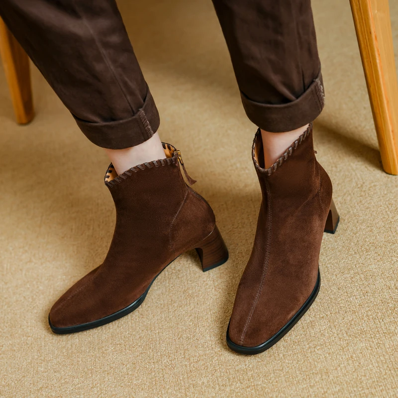 

Fashion Zipper Cow Suede Women 2026 Autumn Winter Ankle Boots Western Cowboy Shoes Mid Heels Square Toe Lady Short Boots Shoes