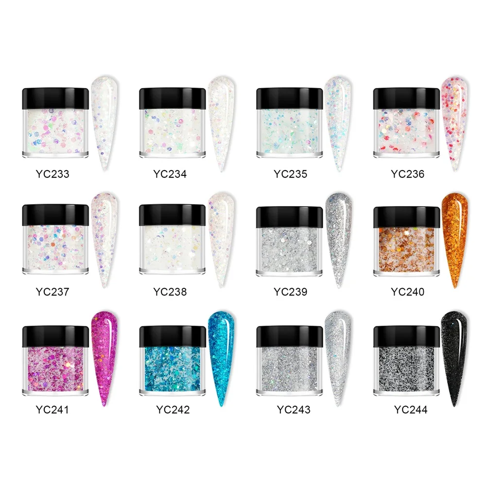 HNDO-Garrafa Glitter Lantejoulas para Nail Art, Pó Acrílico, Material Brilhante, Suprimentos para Profissionais, Escultura Manicure, 12 Cores