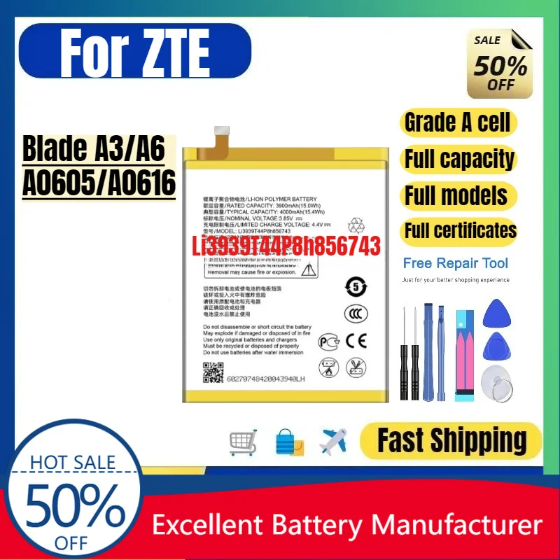 0 Cycle Li3939T44P8h856743 Battery for ZTE Blade A6 A0605 A0616 Phone High Quality Replacement Lithium Polymer Bateria with Tool