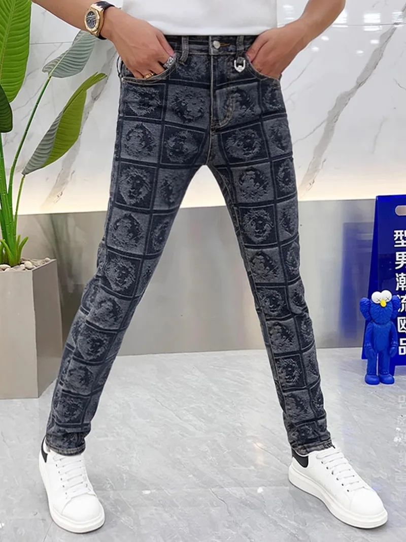 

Slim Fit Waed Heavy Print Casual Jeans for Men Autumn Faion Personali Trendy Breathable Straight Leg Zipper Fly Jeans