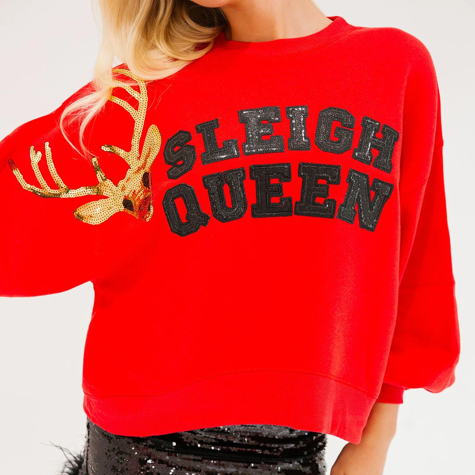 Women Fashion Christmas Loose Pullover Sparkly Rhinestone Letter Print Long Sleeve Crew Neck Sweatshirts Xmas Tops Outwear