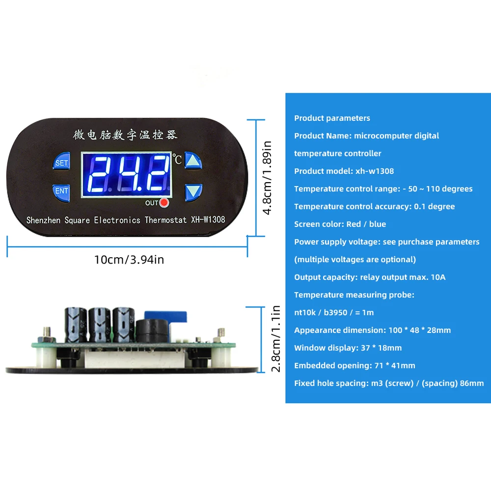 Microcomputer Digital Thermostat Temperature Controller DK-W1308 W1308 LED Display NTC Thermistor Sensor Probe AC 110/220V DC12V
