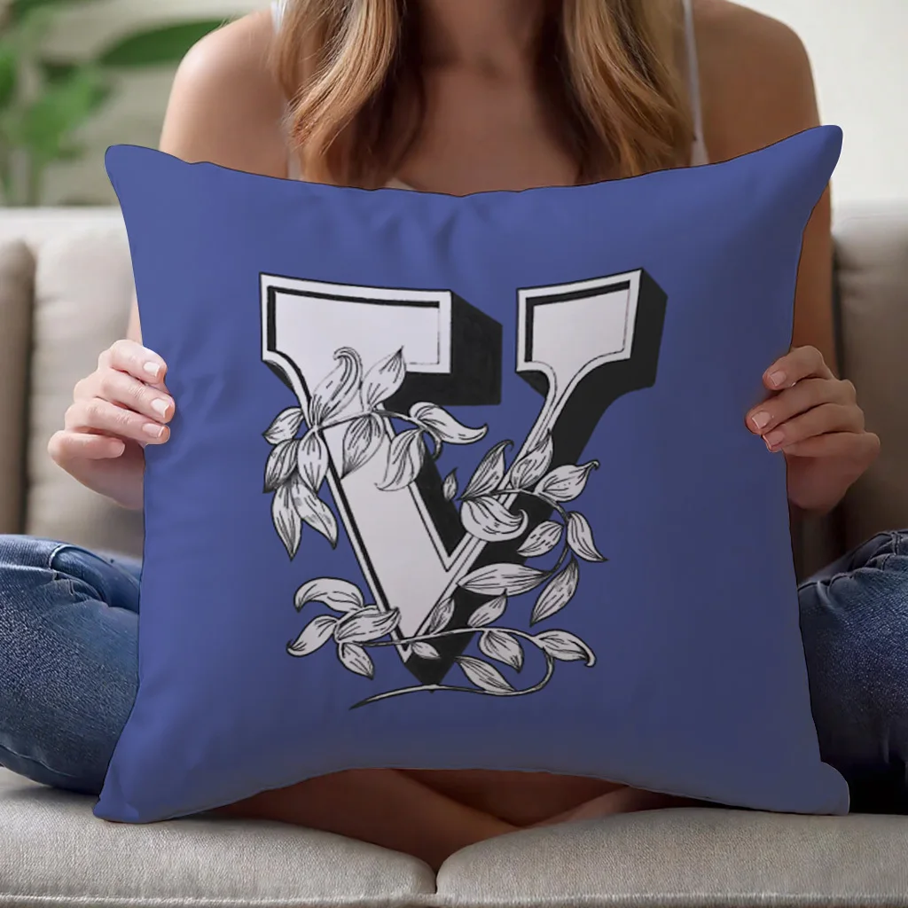 Vintage Letter V Flower Pillow Case Polyester Cushion Cover Zipper Washable 18x 18 inch Sofa Bed Decorative Pillow