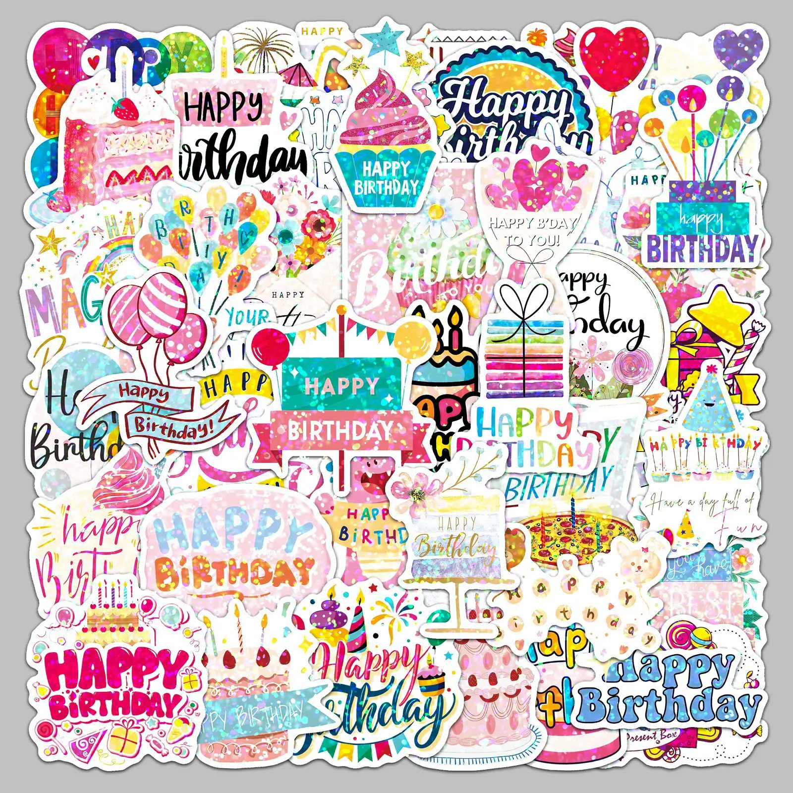 

50PCS Happy Birthday Stickers Laser Style Graffiti Decal Kids Toy Gift DIY Pencil Box Scrapbook Laptop Trunk Waterproof Stickers