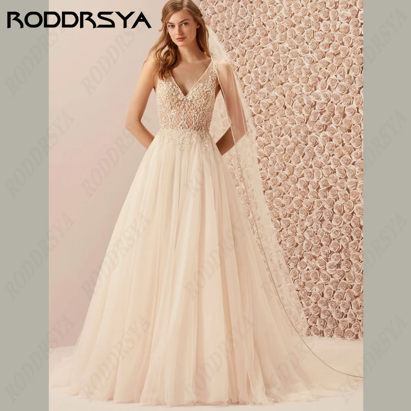 RODDRSYA V-Neck Tulle Wedding Dresses Illusion Button Back Vestidos De Novia Appliques Lace A-Line Bridal Gowns Custom Made