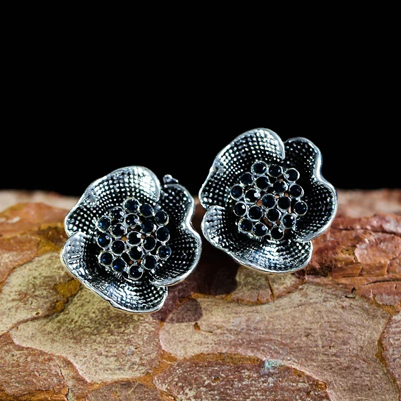 Vintage Black Color Flower Stud Earrings for Women Blue Round Crystal Zircon Wedding Earrings Anniversary Gifts 2024 New Jewelry