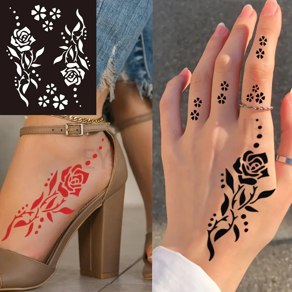 Henna-Tattoo-Schablonen-Set Selbstklebende Handvorlagen Wiederverwendbare Temporäre Tattoo-Körperkunst DIY-Design-Kit für Hochzeit und Party – Detail 4