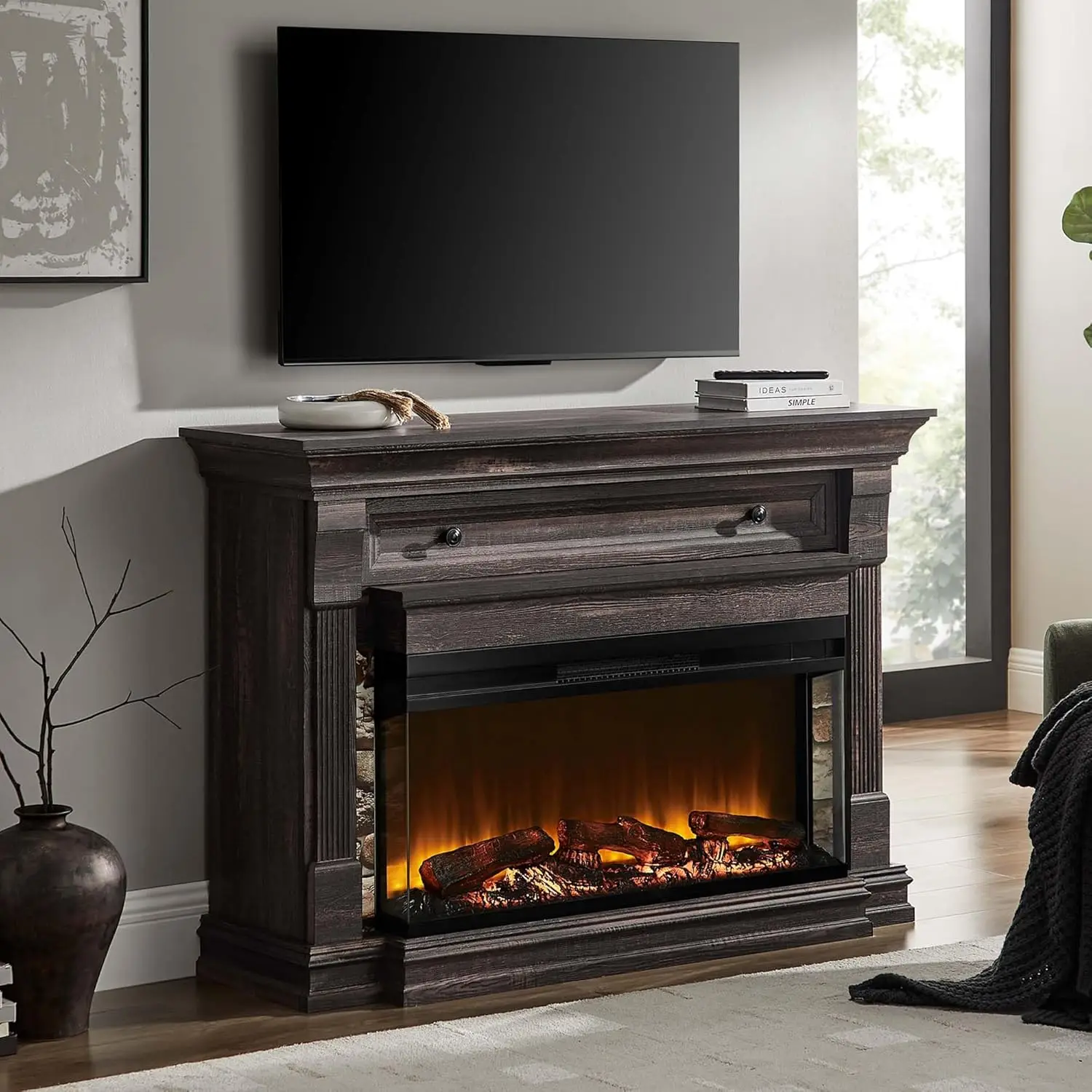 

52 Inch Electric Fireplace with Mantel, Fireplace TV Stand with 36" 3-Sided Glass Electric Fireplace Heater , Customized