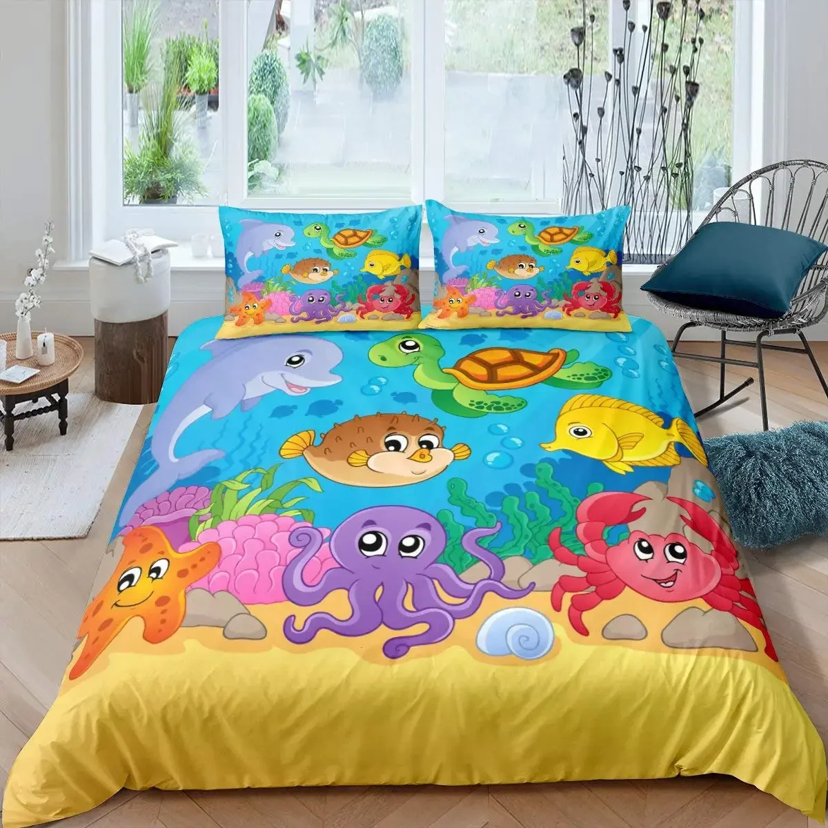 Kids Cartoon Ocean Animal King Queen Bedding Set Underwater World Duvet Cover Marine Life Quilt Cover Polyester Comforter Cover