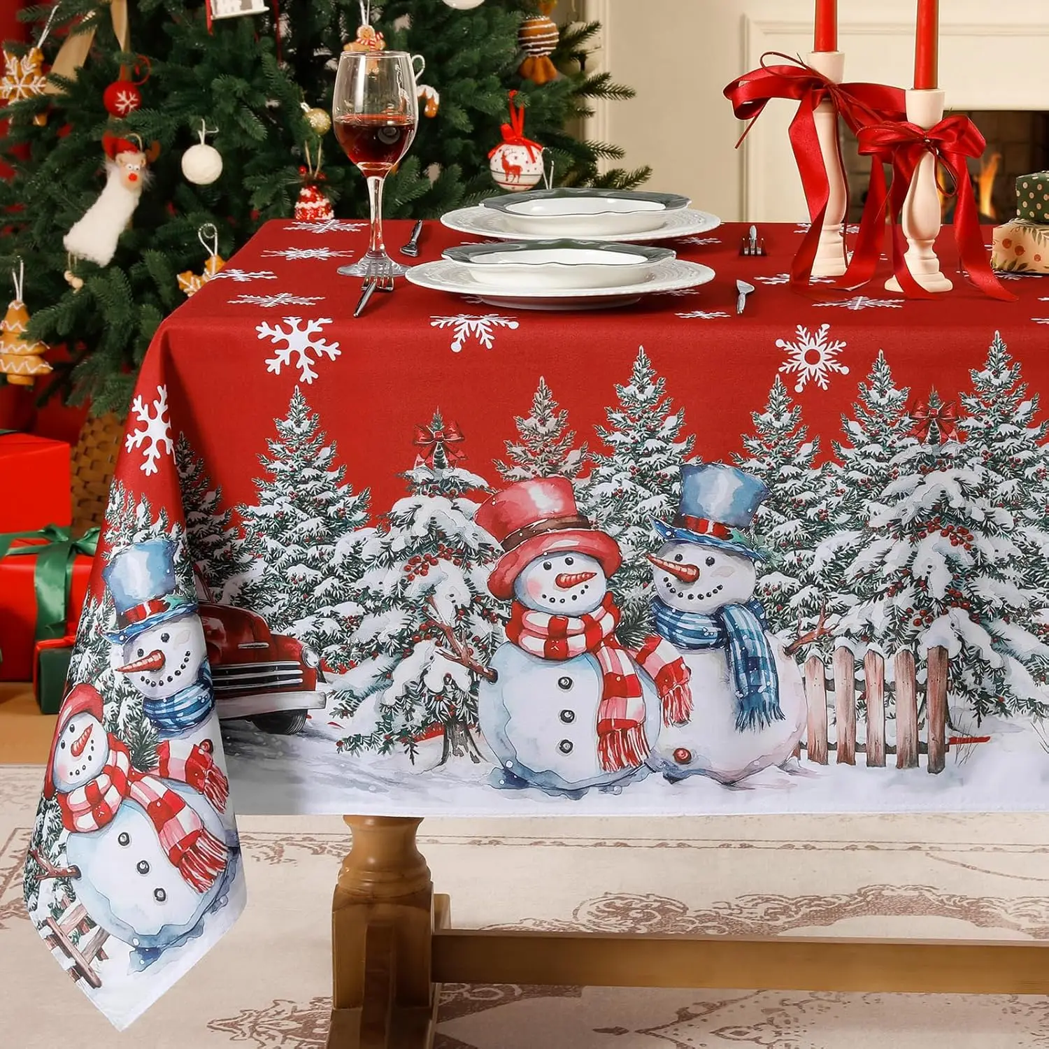 Christmas Snowman Snowflake Xmas Tree Waterproof Tablecloth Table Decor Farmhouse Kitchen Dining Tablecloth Christmas Decoration