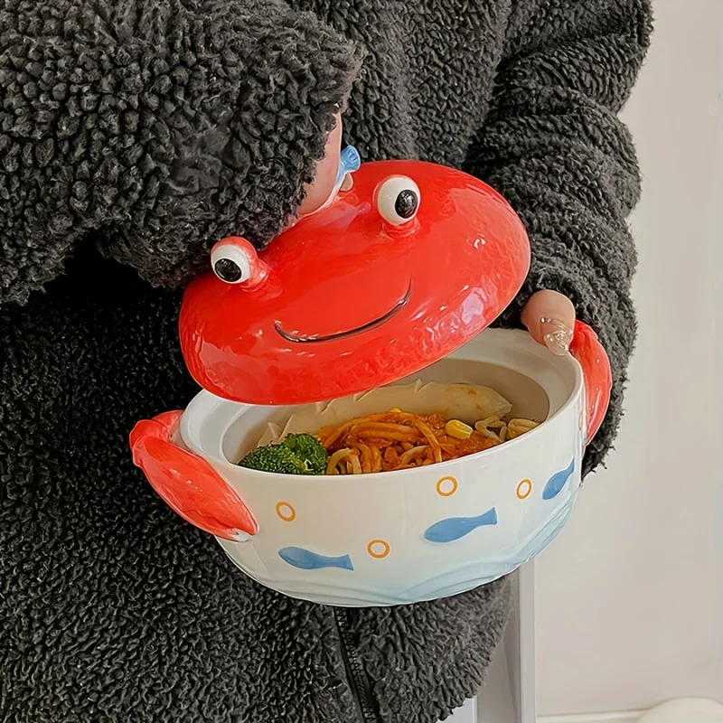 1 Cute Ceramic Crab and Puffer Fish Printed Salad Bowl with Lid，Large Capacity Ramen Soup Bowl