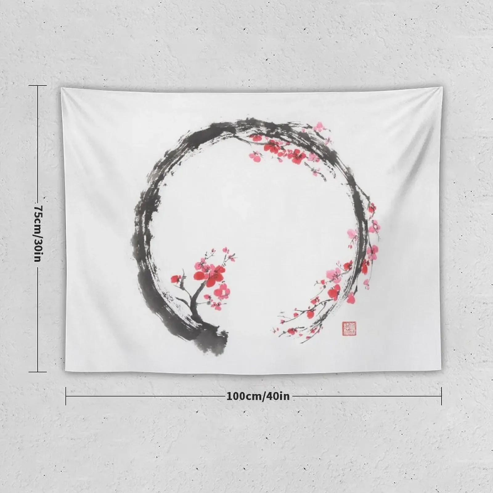 Zen sumi-e conceptual painting of Enso circle as a red cherry blossom branch art print Tapestry Outdoor Decoration Tapestry