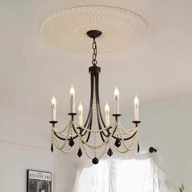 

French Mid-style Pearl Crystal Chandelier Living Room Lamp American Retro Black Bedroom Dining Room Candle Ceiling Pendant Lamp