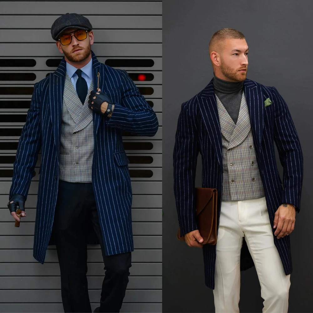 Classic Navy Blue Pinstripe Overcoat with Notch Lapel and Flap Pockets Men Autumn Vintage Long Coat Customized E26138