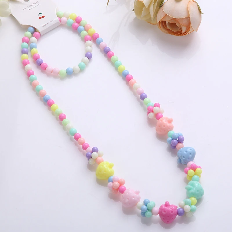 2pcs/set Candy Color Beads Jewelry Cute Flower Bow Strawberry Necklace Bracelet Sets for Kids Party Jewelry Girl Birthday Gift