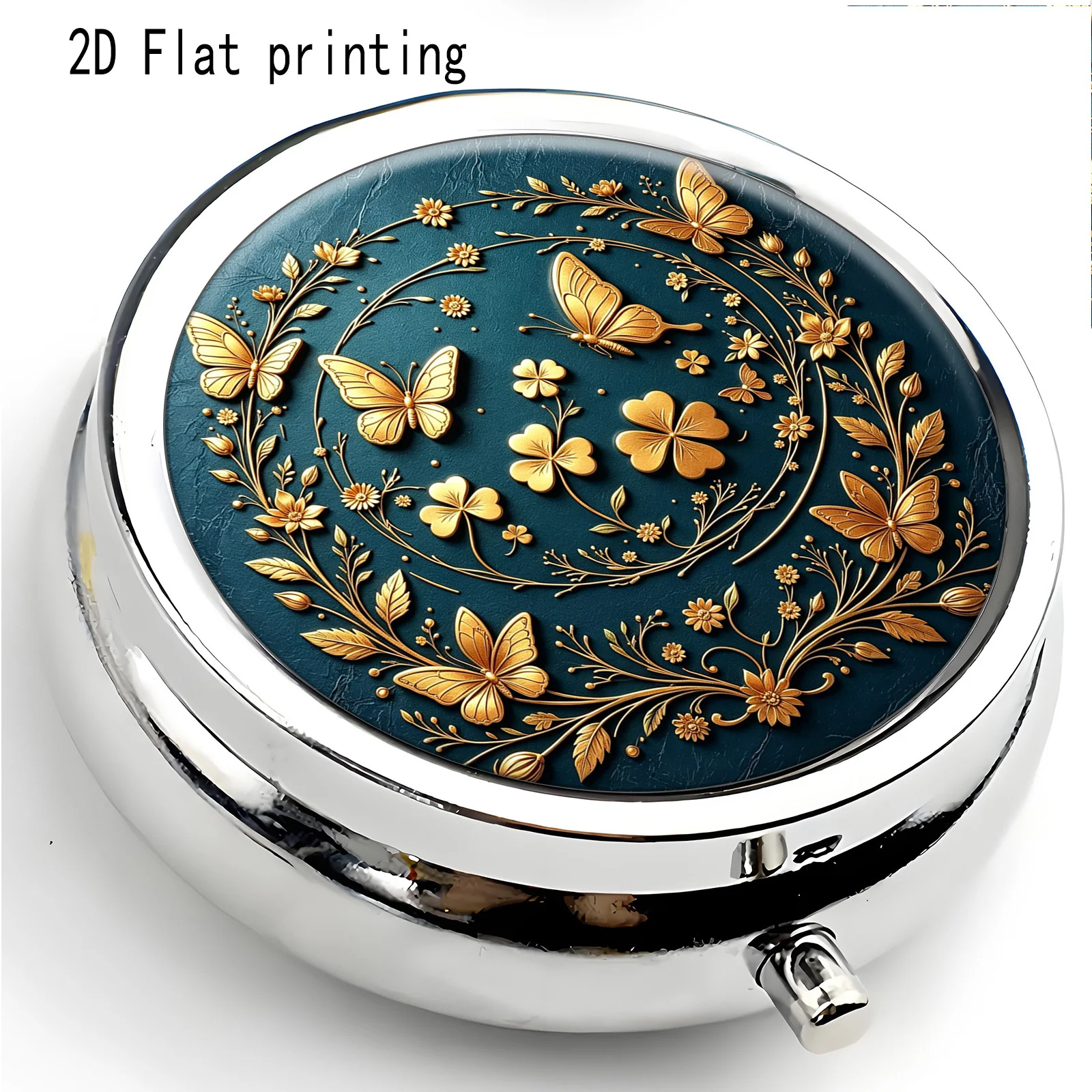 Single-Piece, Flat, Gold-Colored, Metal Three-Compartment Box with Four-Leaf Clover and Floral Patterns, Portable Travel Vitamin Storage Box, Art Nouveau Style Small Box, Durable Storage Container, Unique Design Suitable for Both Men and Women