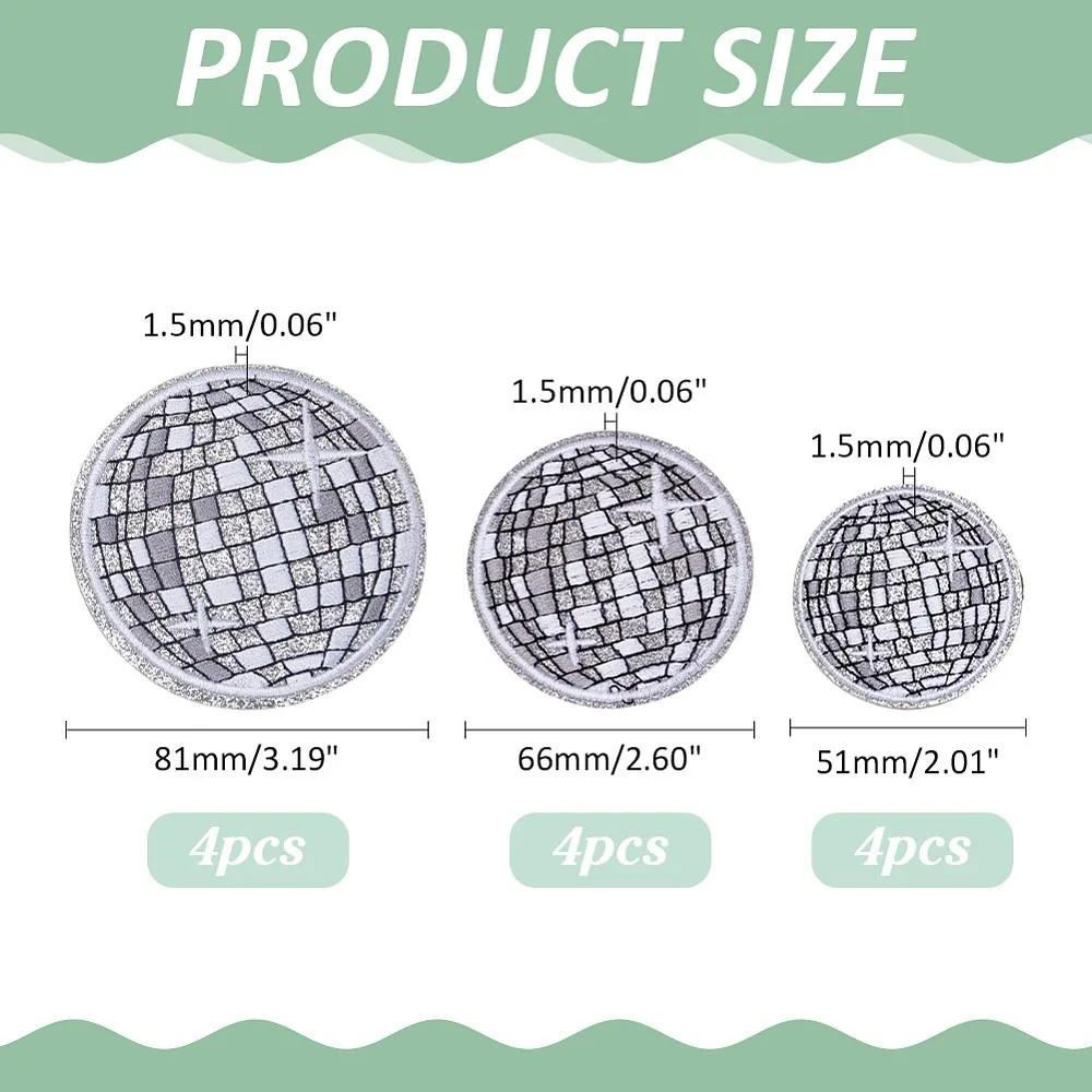 12Pcs 3 Styles Disco Ball Iron on Patches Silver Polyester Disco Ball Embroidered Appliques Western Patches Costume Accessories