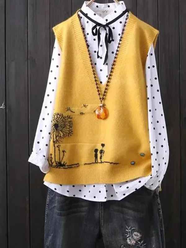 Spring Autumn Knitted V-Neck Women's Vest Casual Loose Sleeveless Woolen Tank Top Base Shirt Upper Apparel Fashionable Button...