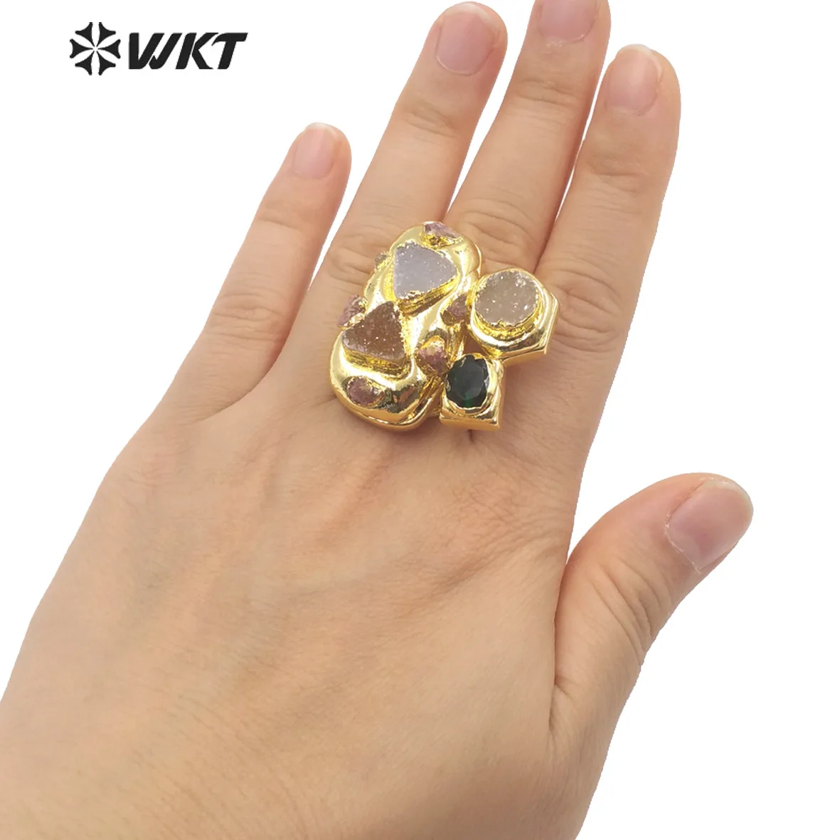 WT-R503 Gorgeous Amazing 18K Gold Plated Resist Tarishable Multi Druzy Agate Stones Big Cocktail Party Ring In Adjustable
