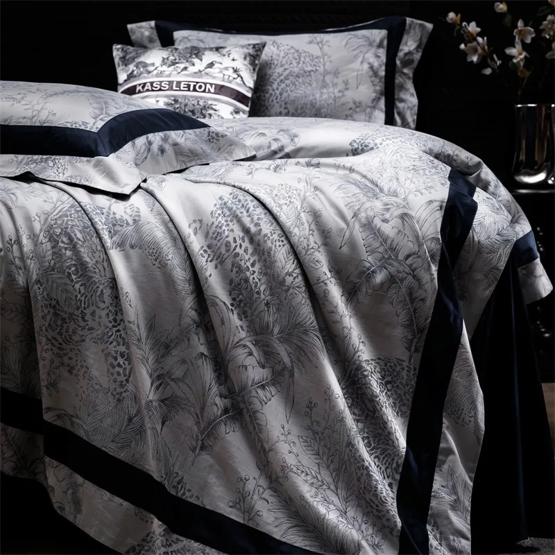 Luxury Black Grey Patchwork Bedding Set Soft Silky 1000TC Cotton Tropical Jungle Forest Duvet Cover Set Bed Sheet Pillowcases