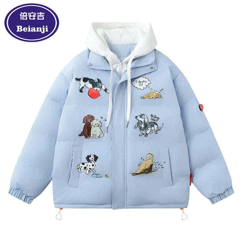 Beianji Men quilted jacket Hip Hop fun animal print fake two pcs cotton-padded coat unisex winter coat casual thick men's parkas