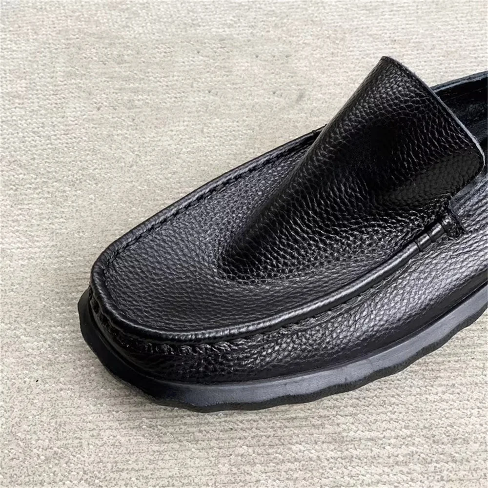 Wide Head Bean Genuine Leather Shoes Men Soft Leather Cowhide Flat Bottom One Step Stepping Dad Shoes Handmade Casual Shoes