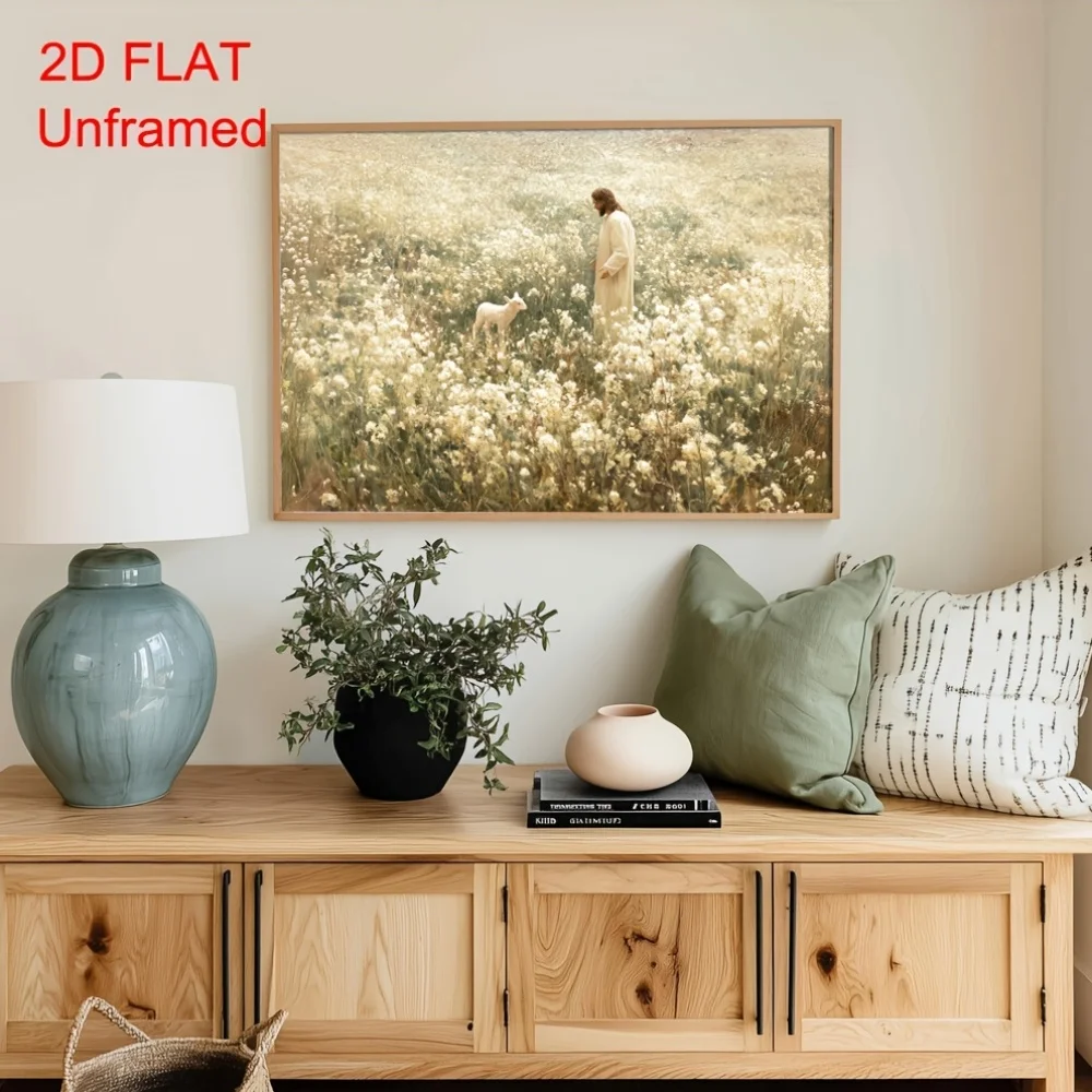 No Framed  Canvas Poster with Lamb in Flower Field Christian Faith Wall Art Print Cottagecore Rustic Aesthetic Decor Religious P