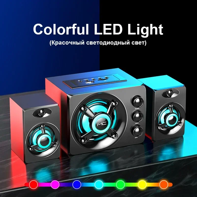 Bluetooth HiFi 3D Stereo Alto-Falantes, Luz LED Colorida, USB AUX, Barra de Som Surround Home Theater e TV, Com Fio Sem