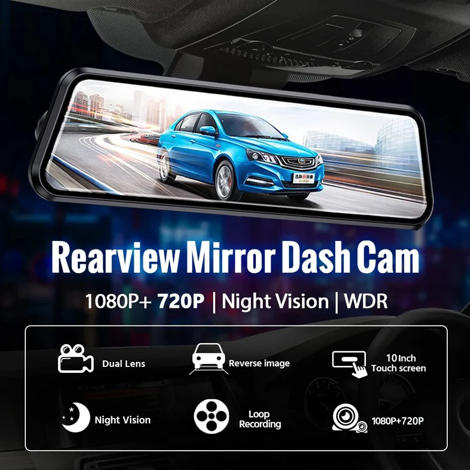 10 Inch Mirror Camera for Car Touch Screen Video Recorder Rearview Mirror Dash Cam Front and Rear Camera Mirror DVR Black Box