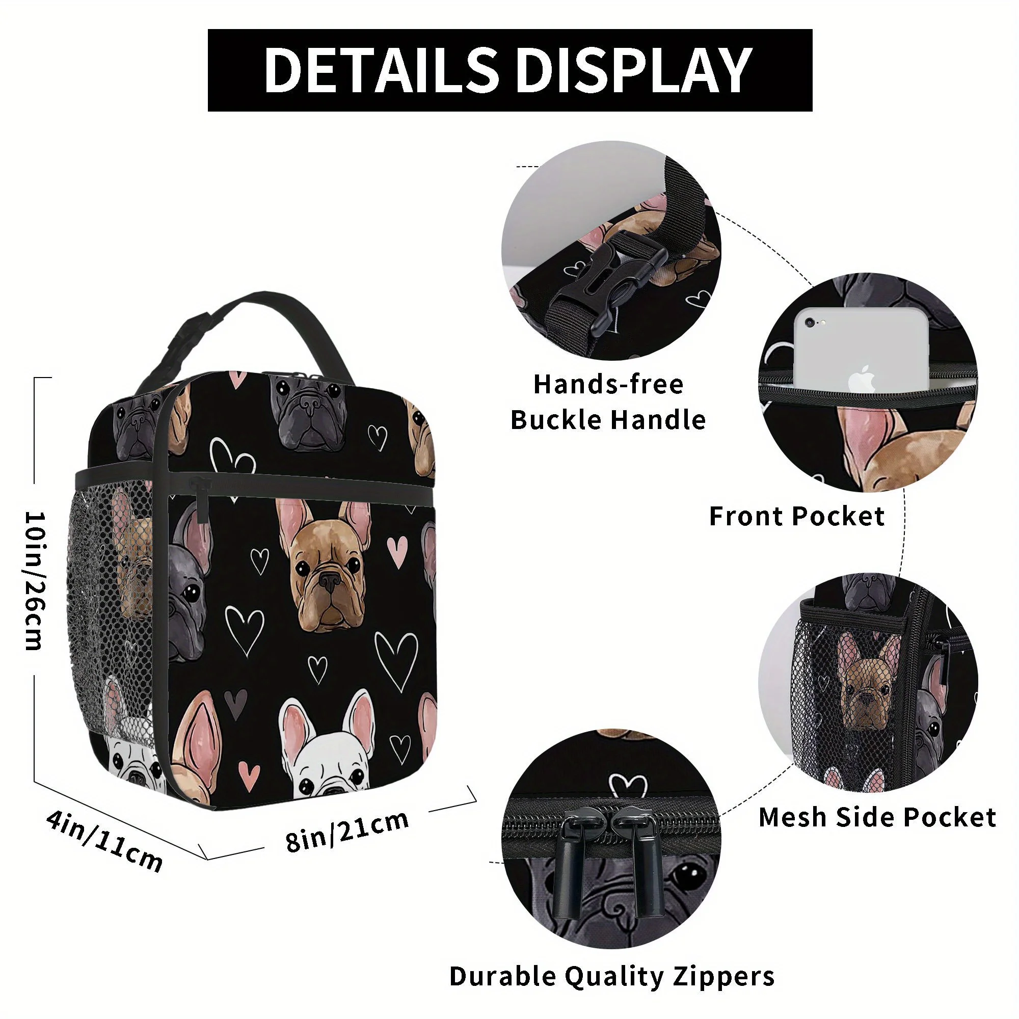 1pc French Bulldog & Heart Pattern Insulated Lunch Bag - Reusable, Non-Food Contact, Polyester Cooler Bag with Black Handles for