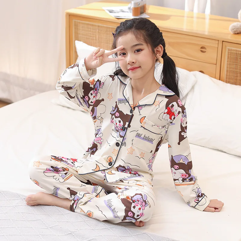 Kawaii Cartoon Anime Sanrio Cinnamoroll Children\'s Homewear Set Long Sleeve Cute My Melody Hello Kitty Kuromi Pajamas