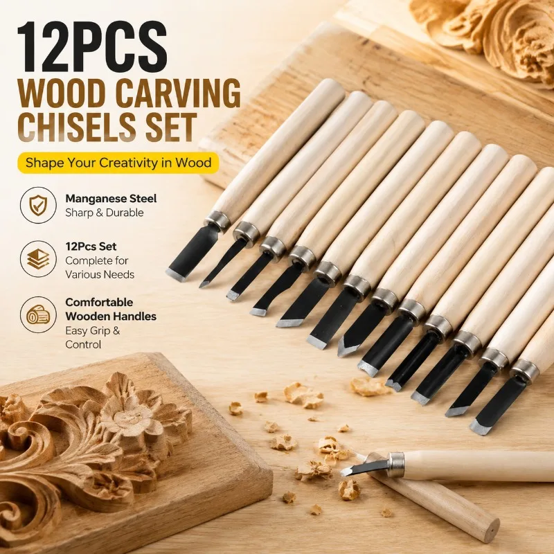 12Pcs Wood Carving Chisels Set, Manganese Steel Gouges Knife Kit for Detailed Woodworking, Basic Cutting DIY Hand Tools,