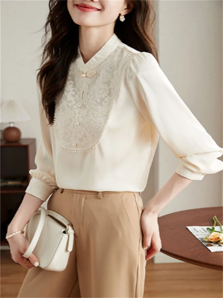 Chinese Style Blouse Women's Shirt Stand Collar Pullover Shirt Female Long Sleeve Woman Clothes Shirts Female Vintage shirt