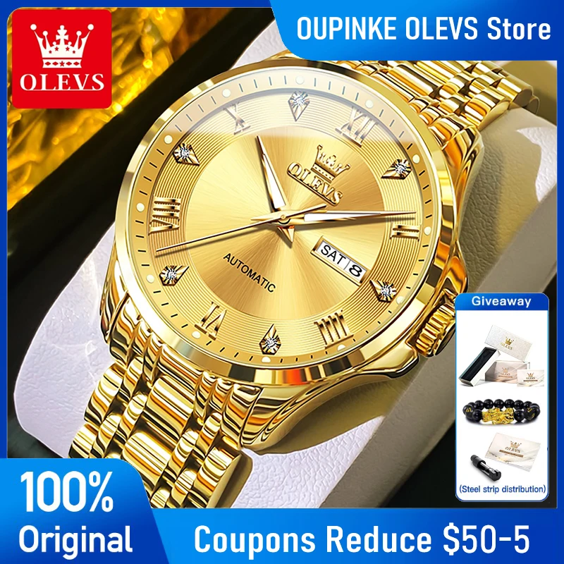 

OLEVS 6702 Mens Watch Luxury Original Brand Stainless Steel Automatic Mechanical Watch Week Date Watches For Man With Box Gifts