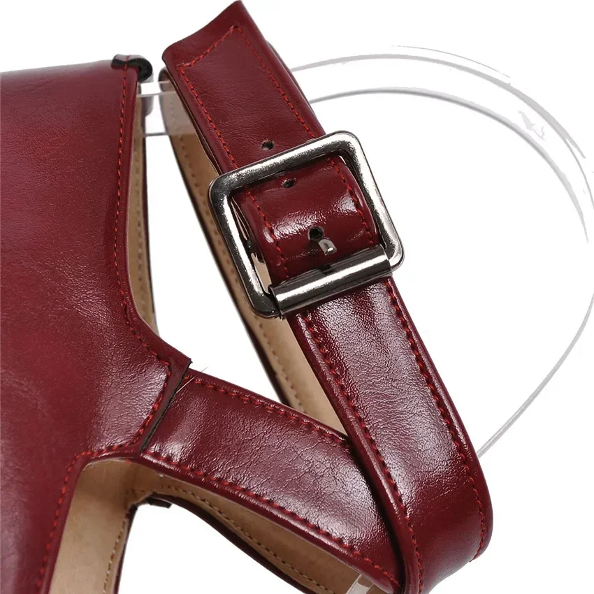 Woman Platform Pumps White Black Red Quality PU High Thick Block Heels Casual Party Dress Buckle Ankle Strap Vintage Lady Shoes