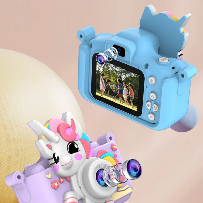 1pc câmera digital das crianças hd dupla mini câmera brinquedo dos desenhos animados unicórnio presente do feriado proteção para os olhos console de jogo