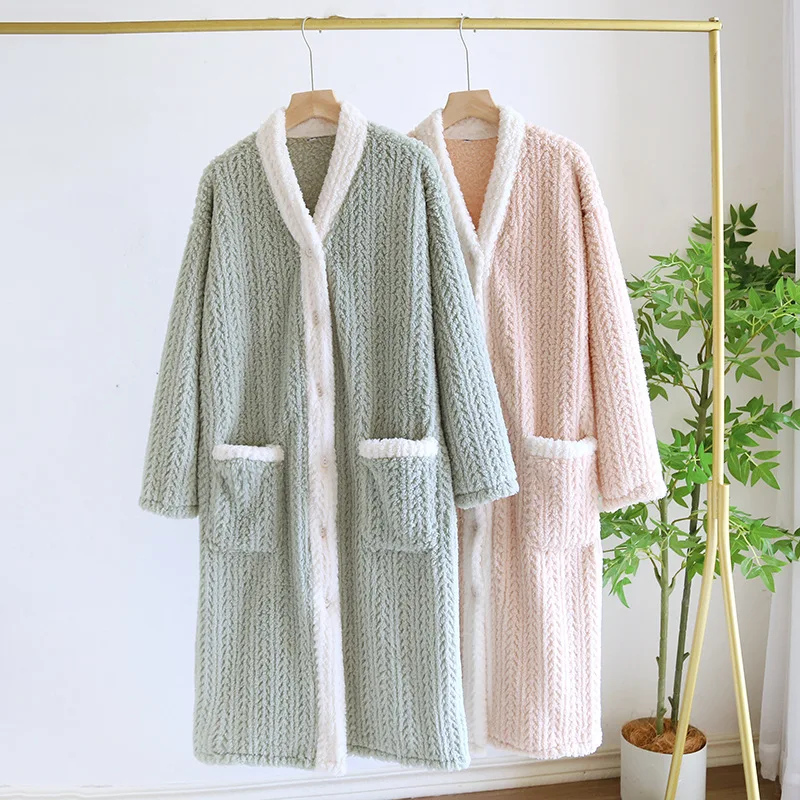 

Flannel Nightgown Ladies Autumn Winter Medium and Long V-neck Thickened Fleece Coral Fleece Bathrobe Pajamas Sleepwear